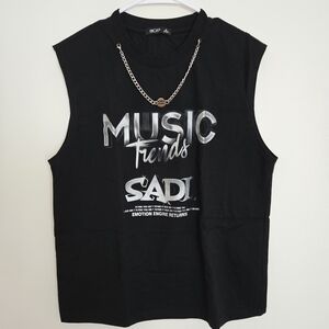 Black Graphic Sleeveless Top with Chain Detail